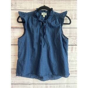 J. Crew Womens Denim Sleeveless Blue & Silver Pinstripe Ruffles Blouse Top Med